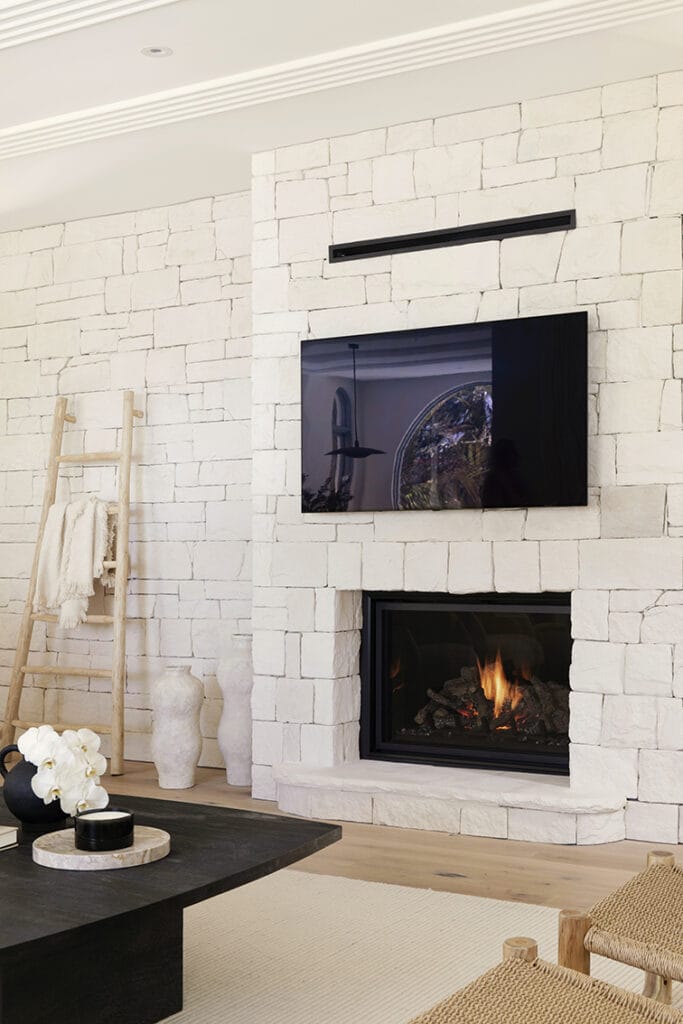 Dry Stack Limestone feature wall fireplace