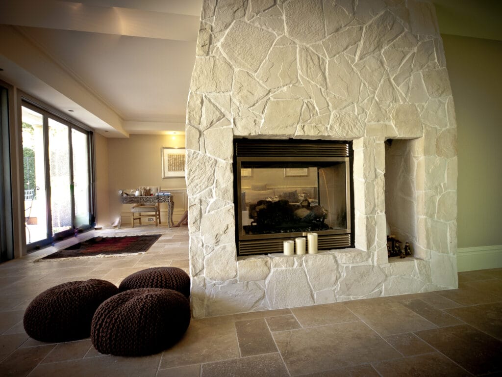 Arctic Limestone fireplace grouted