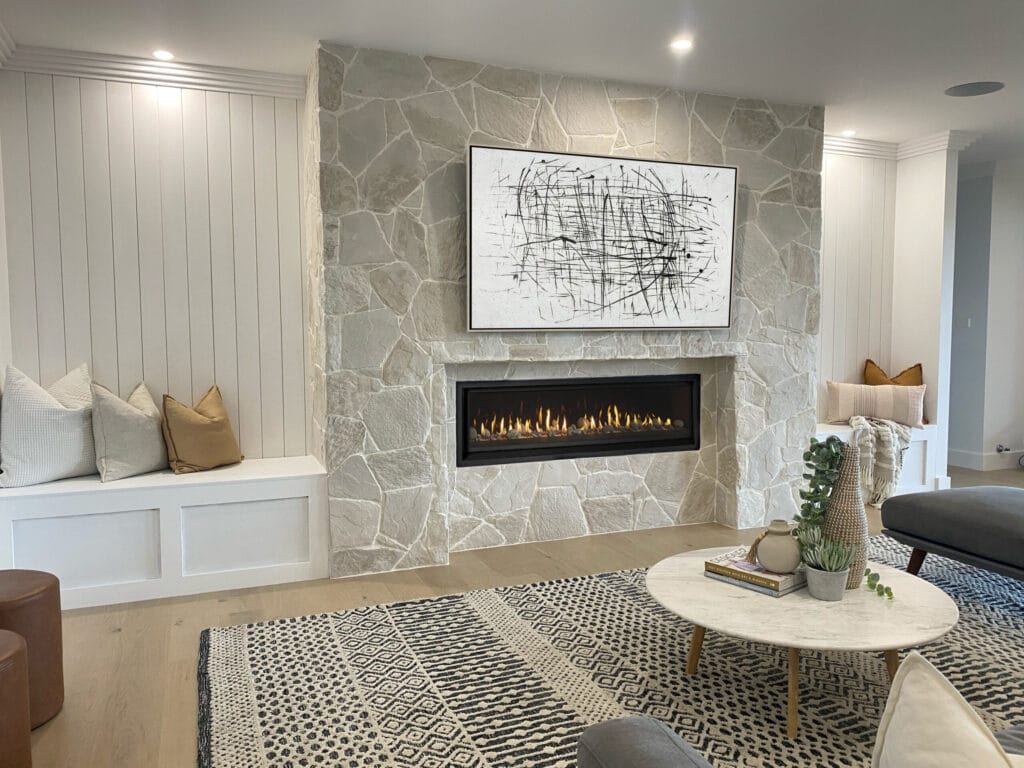 Arctic Travertine living room fireplace