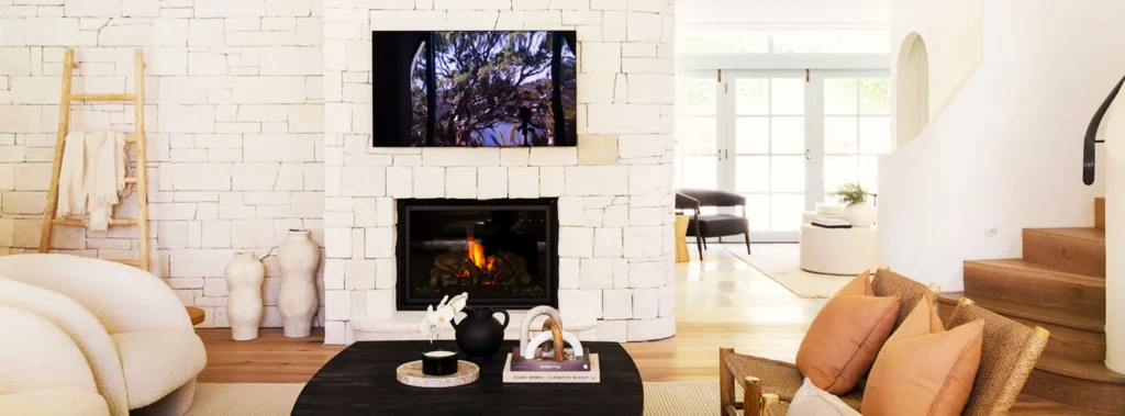 Dry Stack Limestone fireplace wall